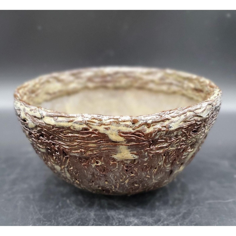 Vintage Handmade Art Pottery Brown Applied Textured Bowl 7" Unsigned